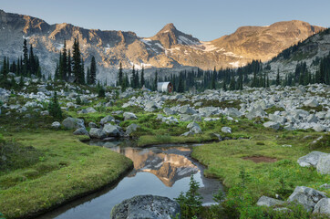 Mountains reflected in creek, subalpine meadows of Marriott Basin, Coast Mountains, British Columbia © Danita Delimont