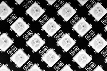  LED panel with light emitting diodes, macro black and white technology background