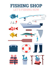 Fototapeta na wymiar Poster with advertise of fishing shop sale fishing equipment for catch fish. Hobby of fisherman, adventure, trip, leisure and activity outdoors. Vector illustration.