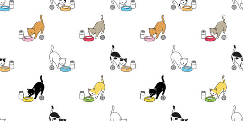 cat seamless pattern food bowl kitten calico vector pet milk scarf isolated repeat background cartoon animal tile wallpaper doodle illustration design