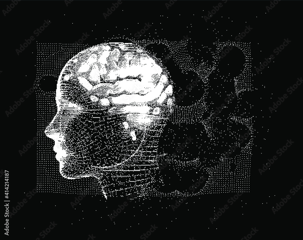 Poster 3d illustration human brain anatomy made of pixels and particles for neural network and machine lear