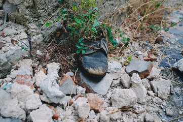 detail of a shoe abandoned and worn by time. post earthquake