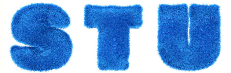 Teddy blue alphabet. Hair letters S, T, U. Blue fur in 3d render. Isolated background.