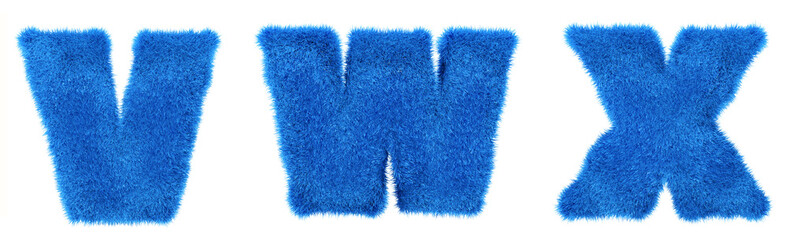 Teddy blue alphabet. Hair letters V, W, X. Blue fur in 3d render. Isolated background.