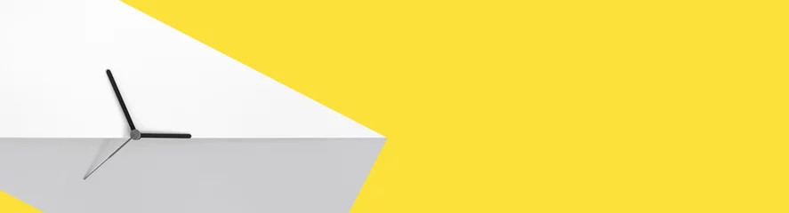 Uhrzeiger auf dem gelben und grauen Farbblockhintergrund. Konzept der Sommerzeit. Saisonale Zeitumstellung. Sommerzeit-Konzept. Platz kopieren. © MARINA