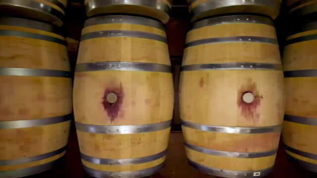  Above view of Wine cellar full of wooden barrels. High quality 4k footage