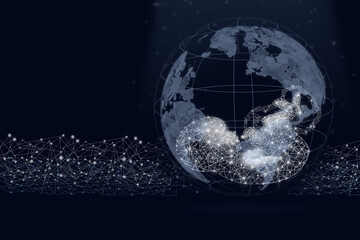 Planet hologram with a baby inside on dark blue background. Genetic analysis, pregnancy planning, artificial insemination