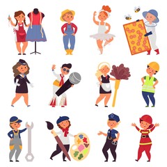 Kids in uniform. Cute children occupations, different professional work teens. Cartoon farmer, singer in costume decent vector characters. Uniform character, worker kids occupation illustration