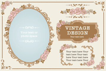 アンティークなお花の装飾フレーム、飾り罫、オーナメントのベクターセット。フォトフレームなどに。