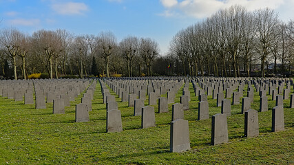 Field with rows of anonymous soldier graves in Westerbegraafplaats cemetery, Ghent