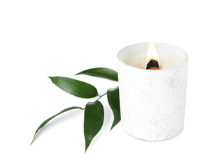 Burning candle with wooden wick and green branch on white background