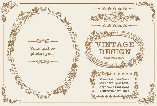 アンティークなお花の装飾フレーム、飾り罫、オーナメントのベクターセット。フォトフレームなどに。