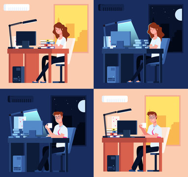 Day night work. Late office working, man woman overtime job. Flat tired employees, remote non stop labor at computer utter vector concept. Illustration office late work, night and day workplace