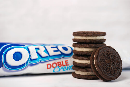 OREO sandwich cream biscuits with pack on white background