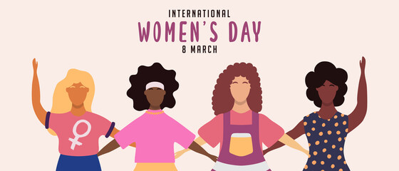 Naklejka na ściany i meble Women's Day 8 march diverse friend group banner