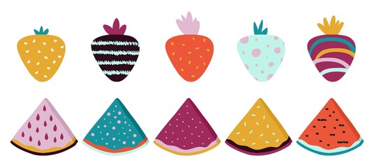 Trendy fruits. Doodle abstract watermelon strawberry with texture. Isolated contemporary food, bright scandinavian style vector elements. Watermelon pattern trendy, strawberry illustration