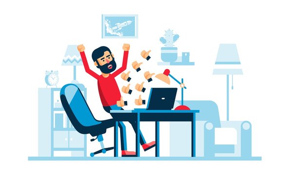 Lots of likes in social networks on the Internet. Happy man at the laptop screen. Vector cartoon illustration.