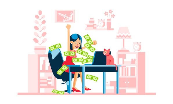 Online winning - happy woman. Money flow from laptop screen. Vector illustration.