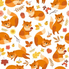 Cute fox pattern. Orange foxes print, awesome wild forest animal. Funny woodland wallpaper, exact baby nursery nature vector seamless texture. Pattern wallpaper, woodland animal pattern illustration
