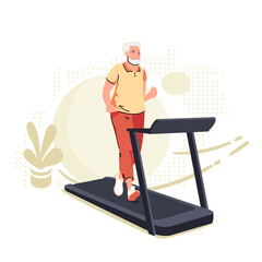 Active senior man on a treadmill at home. Lifestyle sport activities in old age. Sportive grandfather on training machine, cartoon character. Gym tool. Vector illustration in modern flat style