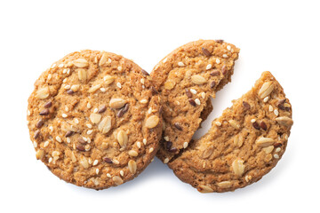 oatmeal cookies with different seeds isolated on white background, top view