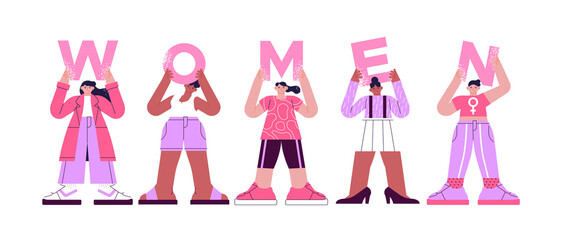 Women holding pink letter for equality concept