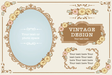 アンティークなお花の装飾フレーム、飾り罫、オーナメントのベクターセット。フォトフレームなどに。