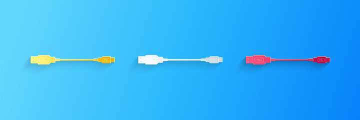 Paper cut USB Micro cables icon isolated on blue background. Connectors and sockets for PC and mobile devices. Smartphone recharge supply. Paper art style. Vector.