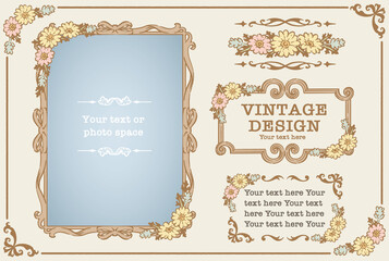 アンティークなお花の装飾フレーム、飾り罫、オーナメントのベクターセット。フォトフレームなどに。