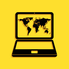 Black Laptop with world map on screen icon isolated on yellow background. World map geography symbol. Long shadow style. Vector.