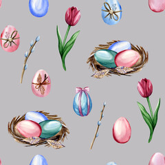Watercolor hand drawn seamless pattern with colorful painted and decorated Easter eggs, nest, tulips and willow on grey background. Festive pattern for textile, wrapping paper and other unique design