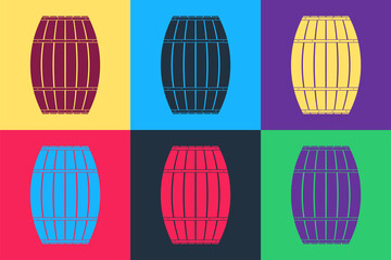 Pop art Wooden barrel icon isolated on color background. Alcohol barrel, drink container, wooden keg for beer, whiskey, wine. Vector.