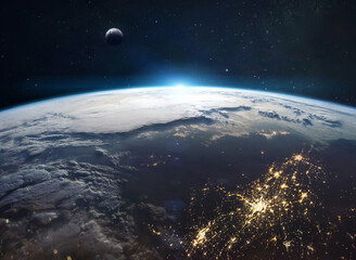Planet Earth with night city lights. View from space. . Moon and Sun on background. Elements of this image furnished by NASA - obrazy, fototapety, plakaty