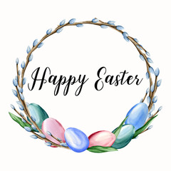 Watercolor hand painted wreath with colorful Easter eggs and willow branches. Easter round frame isolated on white background is perfect for design of post cards or invitations.