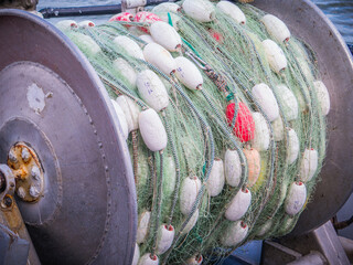 Gill net for sockeye salmon on a drum waiting to be deployed in Bristol Bay Alaska