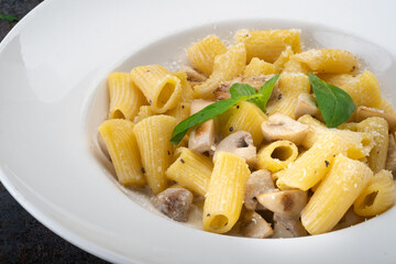 Mezze maniche or rigatoni pasta with cream sauce, parmesan and mushrooms. Italian Cuisine Recipe, close up
