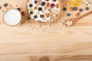 curd dessert with berries and sour cream. healthy milk breakfast