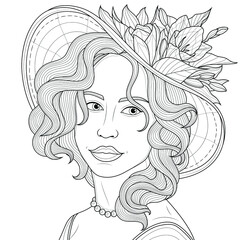 Girl in a hat with flowers.Coloring book antistress for children and adults. Illustration isolated on white background.Zen-tangle style. Black and white illustration.Hand draw