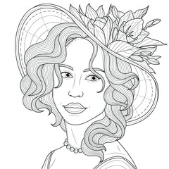 Girl in a hat with flowers.Coloring book antistress for children and adults. Illustration isolated on white background.Zen-tangle style. Black and white illustration.Hand draw