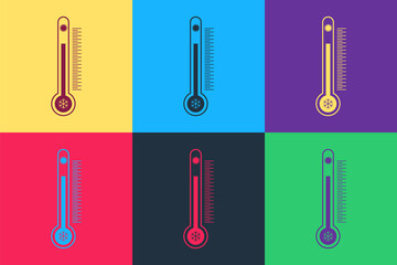 Pop art Thermometer with scale measuring heat and cold, with sun and snowflake icon isolated on color background. Vector.