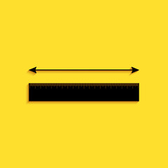 Black The measuring height and length icon isolated on yellow background. Ruler, straightedge, scale symbol. Long shadow style. Vector.