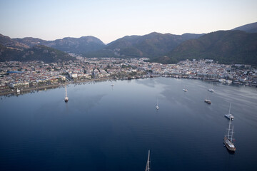 Marmaris marina aerial panoramic view. Aerial drone view to Marmaris resort town, Turkey.