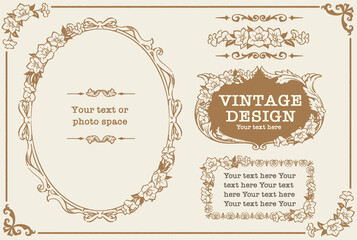 アンティークなお花の装飾フレーム、飾り罫、オーナメントのベクターセット。フォトフレームなどに。