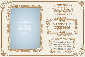 アンティークなお花の装飾フレーム、飾り罫、オーナメントのベクターセット。フォトフレームなどに。