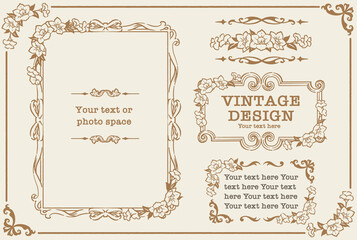 アンティークなお花の装飾フレーム、飾り罫、オーナメントのベクターセット。フォトフレームなどに。