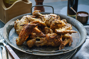 Grilled chicken drumsticks and wings on vintage platter on table. Low shallow focus