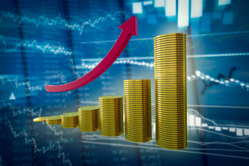 Stacked golds coins by ladder with growing red arrow on a blurred background of stock quotes. Growth of stock indices or financial investment ideas concept. 3d illustration