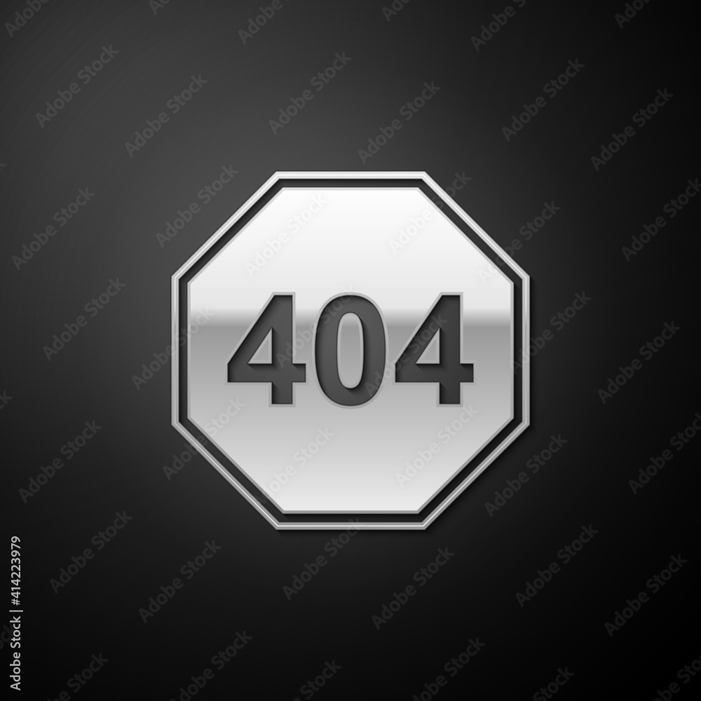 Poster silver page with a 404 error icon isolated on black background. template reports that the page is no