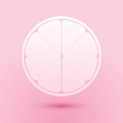 Paper cut Orange in a cut. Citrus fruit icon isolated on pink background. Healthy lifestyle. Paper art style. Vector.