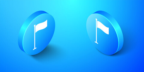 Isometric Flag icon isolated on blue background. Location marker symbol. Blue circle button. Vector.